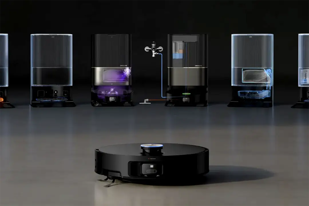 photographs shows a Dreame robot vacuum cleaner in the foreground with other models in the background