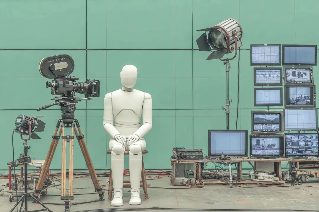 a robot actor goes in front of the cameras at a film production site