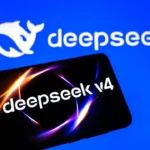 photograph shows an illustration of a smartphone with the DeepSeek logo in the background