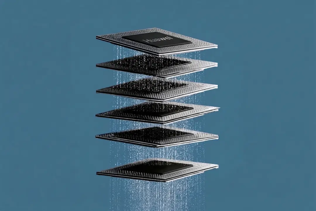 Photograph shows an illustration of a stacked Huawei CPU influenced by the Tau Scaling Law