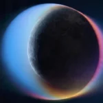 Abstract digital art of a dark, cratered moon encircled by a glowing prismatic halo of blue, orange, and purple light