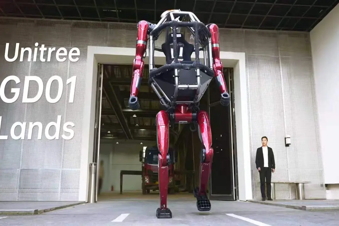 photograph of Unitree's new manned mech robot which can switch between humanoid and quadruped modes