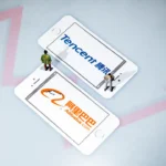 image shows two smartphones with the logos of Tencent and Alibaba in English and Chinese