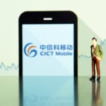 A CICT Mobile smartphone in the foreground with the company logo, and a background screen displaying the company's stock price.