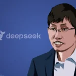 Cartoon illustration of DeepSeek founder Liang Wenfeng on the right, beside the company's whale-inspired logo on the left.