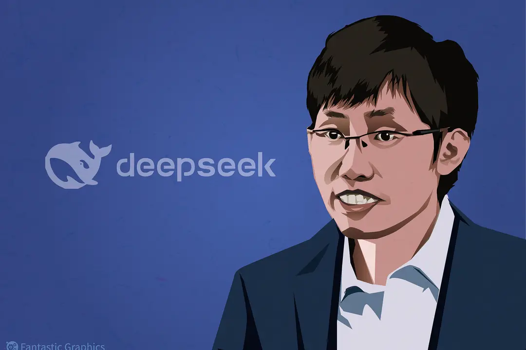 Cartoon illustration of DeepSeek founder Liang Wenfeng on the right, beside the company's whale-inspired logo on the left.