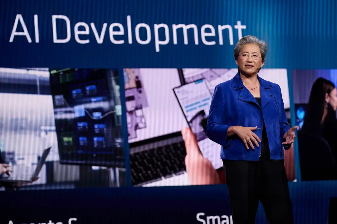 photograph shows AMD CEO Lisa Su speaking at the 2026 CES show in Las Vegas