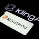 photograph of the Kuaishou app on a mobile phone with the Kling AI logo in the background
