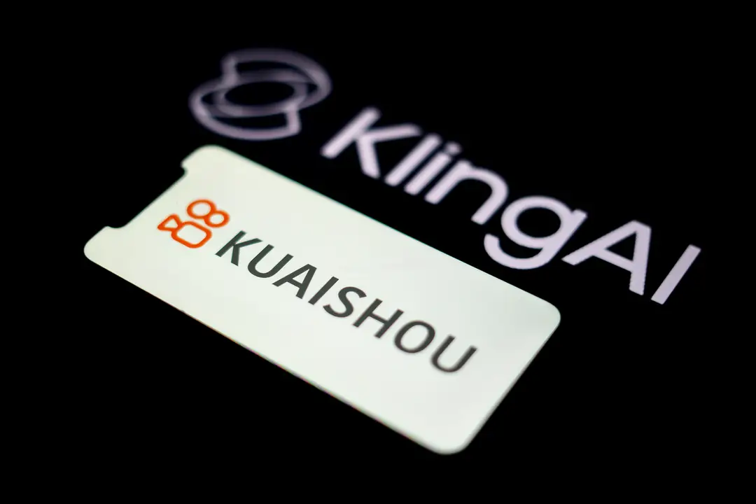 photograph of the Kuaishou app on a mobile phone with the Kling AI logo in the background