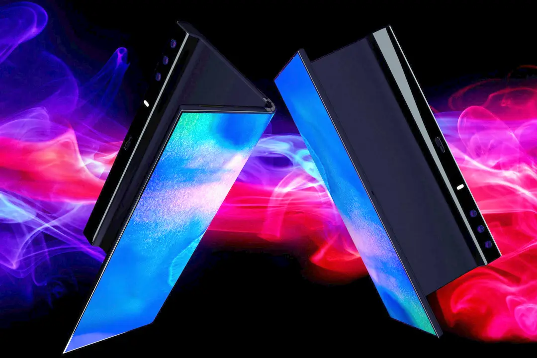 Concept image of two foldable OLED smartphone displays facing each other against a colourful neon background.