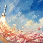 Picture is an illustration of a rocket launching into space and leaving behind a trail of paper yuan