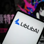 Picture shows a smartphone with the LiblibAI logo with AI content in the background
