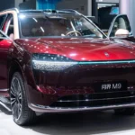 The picture shows the AITO M9 range-extended electric flagship mid-to-large SUV, a model exhibited at the AITO booth at the Guangzhou auto show in November 2025