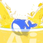 image shows a cartoon of the DeepSeek logo swimming in a glass with money pouring in