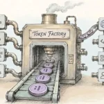 Photograph shows an illustration of a token factory