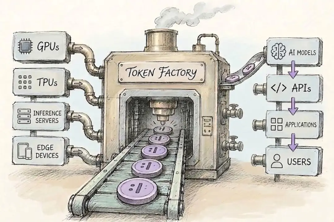 Photograph shows an illustration of a token factory