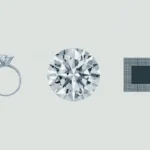The picture shows the outline of a diamond ring on the left, a cut diamond in the centre, and a microchip on the right