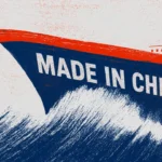 Picture is an illustration of a cargo ship with a Made in China logo travelling on the sea