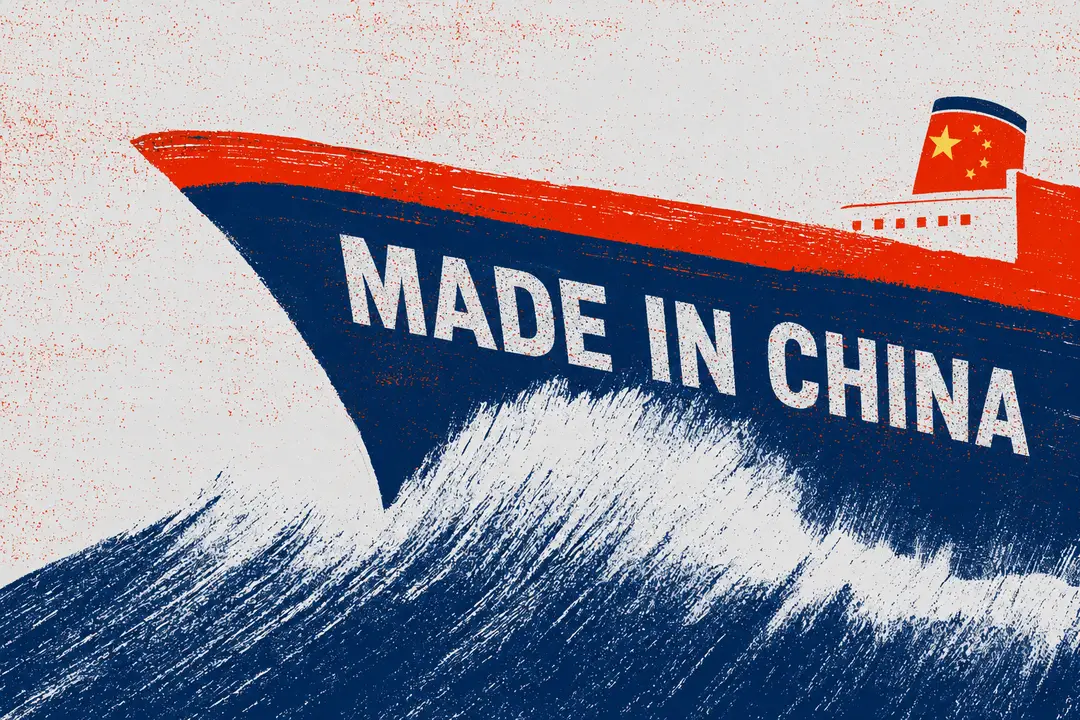 Picture is an illustration of a cargo ship with a Made in China logo travelling on the sea