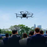 Photograph shows a crowd watching a demonstration of an eVTOL vehicle flight
