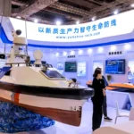 Photograph shows an unmanned surface vessel made by Zhuhai Yunzhou on display at at an international rescue expo in Shanghai