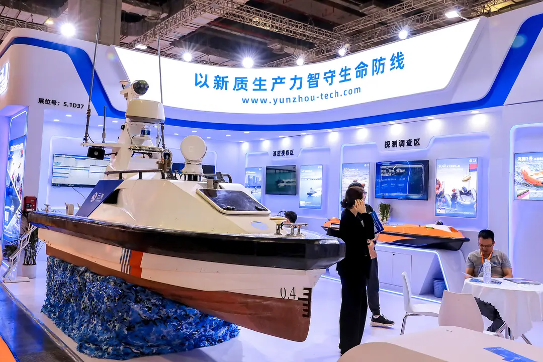 Photograph shows an unmanned surface vessel made by Zhuhai Yunzhou on display at at an international rescue expo in Shanghai