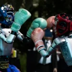 Photograph shows humanoid robots boxing at a robotics show in Seoul in May