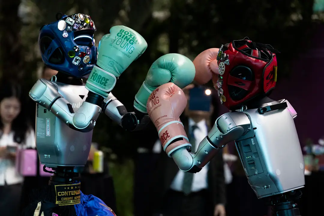 Photograph shows humanoid robots boxing at a robotics show in Seoul in May