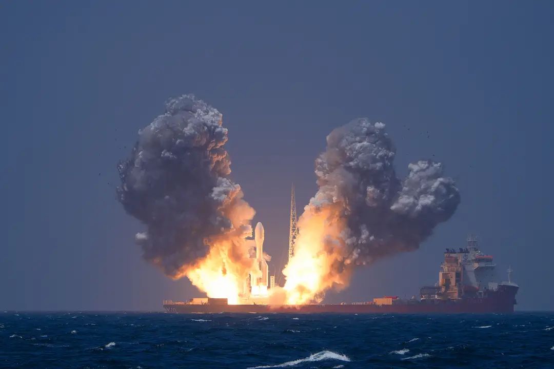 photograph shows Orienspace's Gravity-1 Y4 carrier rocket launches nine satellites from waters east of Shanghai on July 22