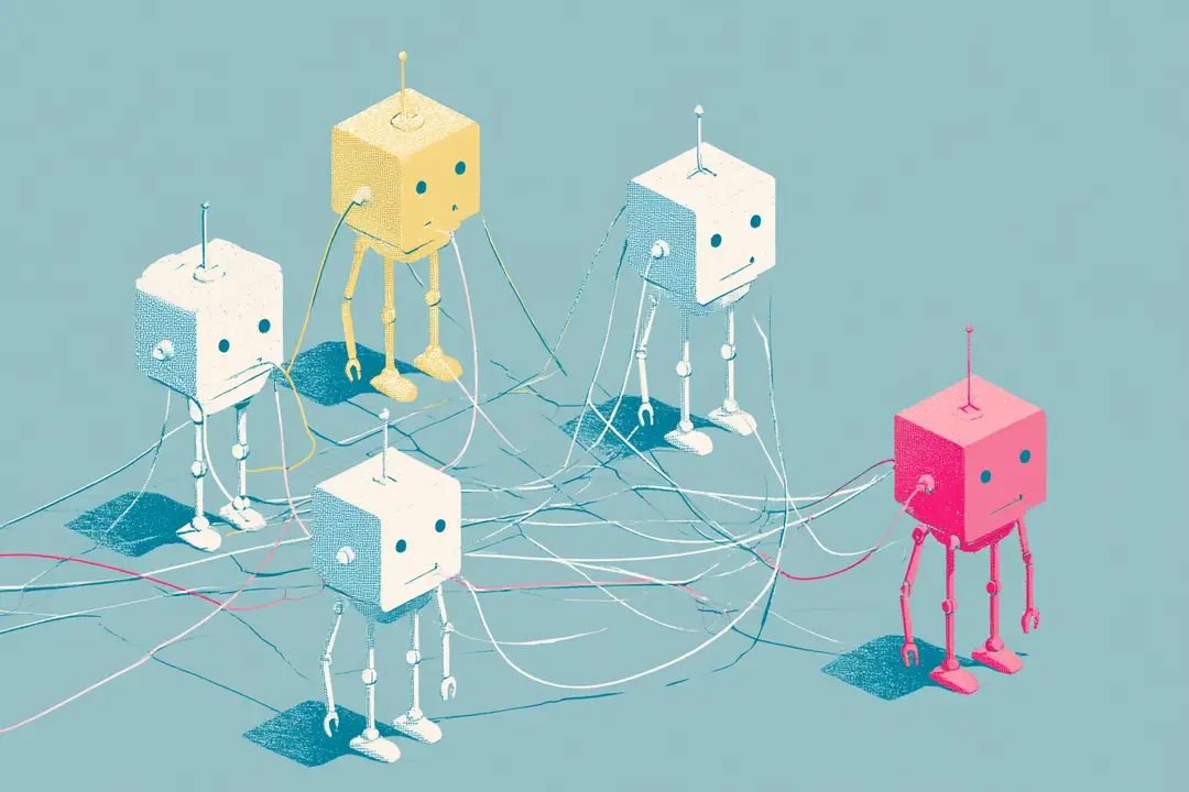 Photograph shows an illustration of linked robot modules