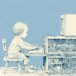 Photograph shows an illustration of a child vibe coding