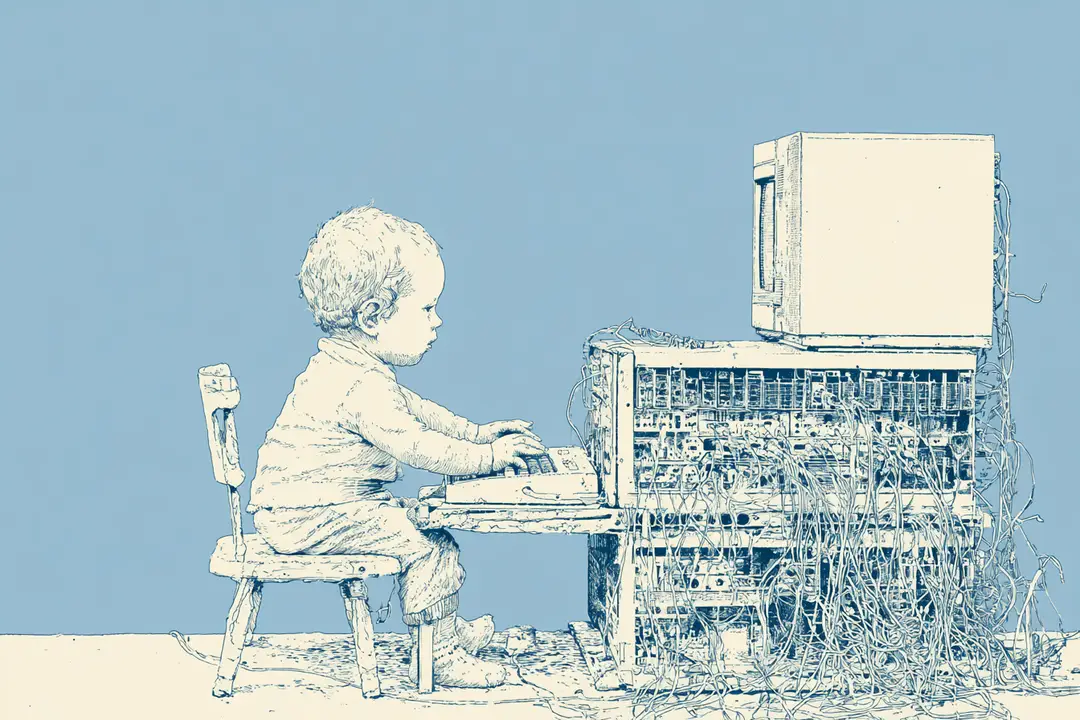 Photograph shows an illustration of a child vibe coding