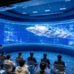 Photograph shows students in a classroom looking at a giant screen with AI models