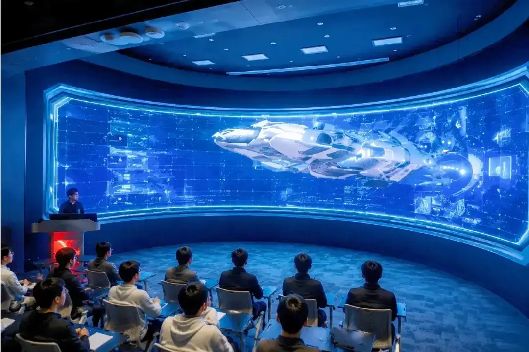 Photograph shows students in a classroom looking at a giant screen with AI models