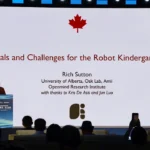 Picture shows Turing Award Laureate Rich Sutton speaking at a launch event for the Robot Kindergarten in Beijing in June