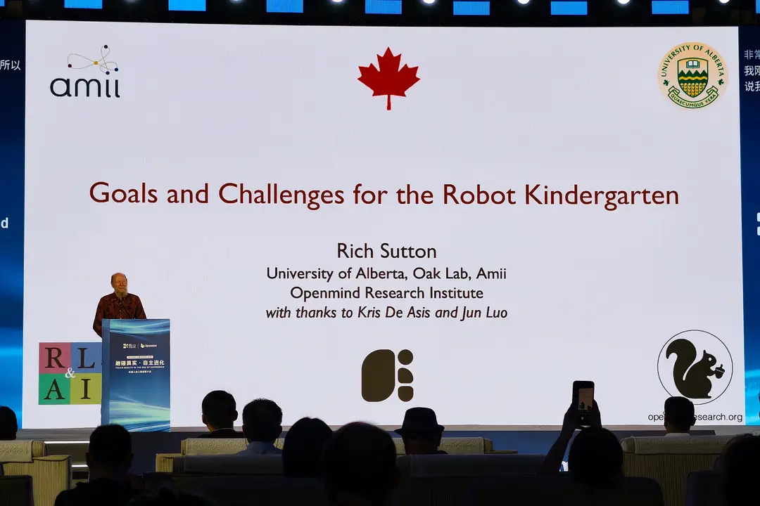 Picture shows Turing Award Laureate Rich Sutton speaking at a launch event for the Robot Kindergarten in Beijing in June