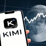 picture shows a smartphone with a Kimi logo with a share price graph and an illustration of the moon in the background