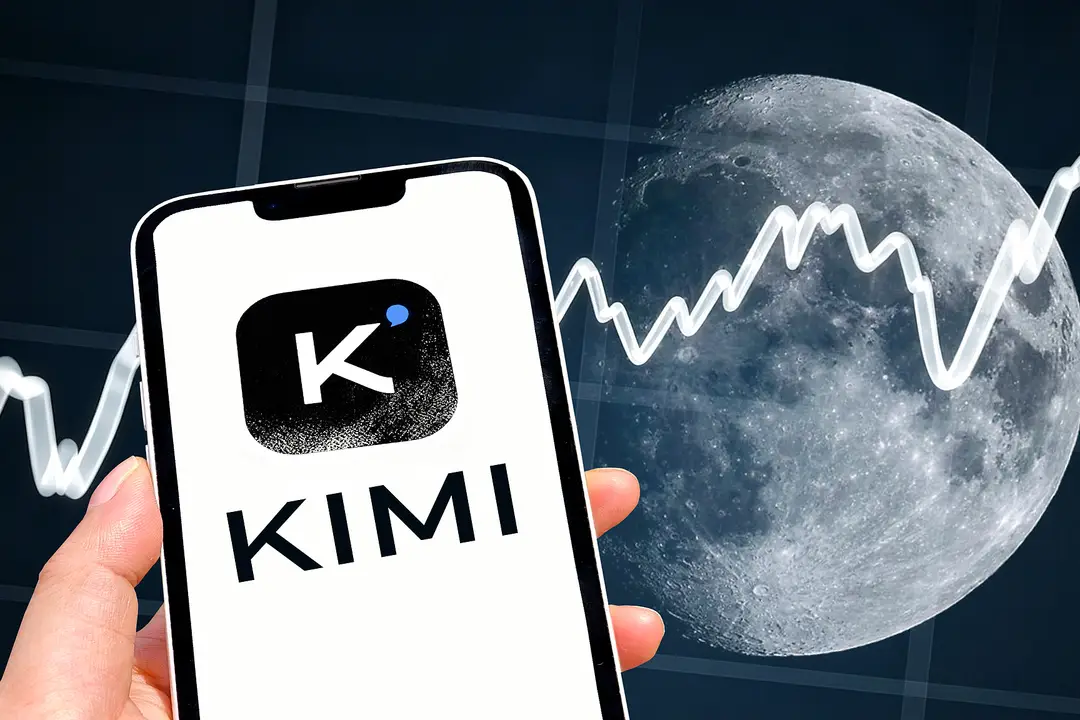 picture shows a smartphone with a Kimi logo with a share price graph and an illustration of the moon in the background