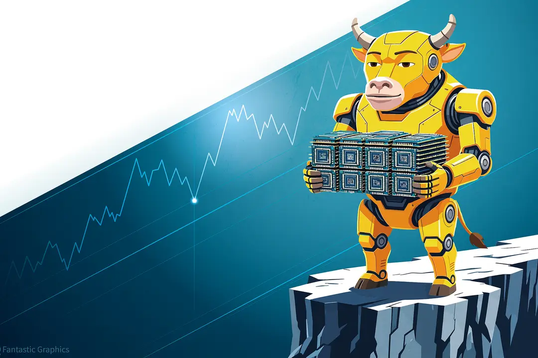 Picture shows an illustration of an Ox carrying a pile of semiconductors