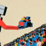 Picture shows an illustration of a robot serving products to a mass audience