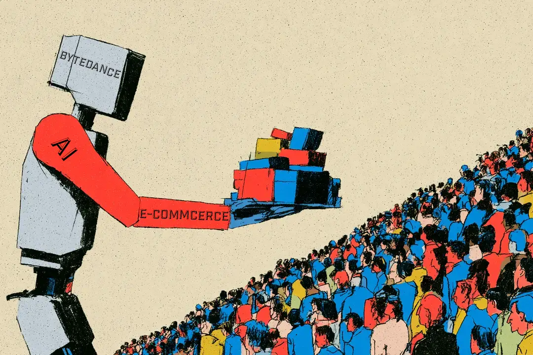 Picture shows an illustration of a robot serving products to a mass audience