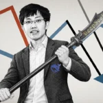 picture shows an illustration of DeepSeek founder Liang Wenfeng holding a spear with a graph of falling prices in the background