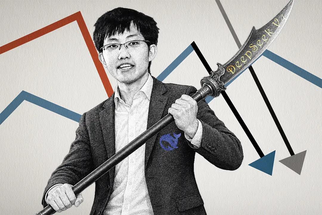 picture shows an illustration of DeepSeek founder Liang Wenfeng holding a spear with a graph of falling prices in the background