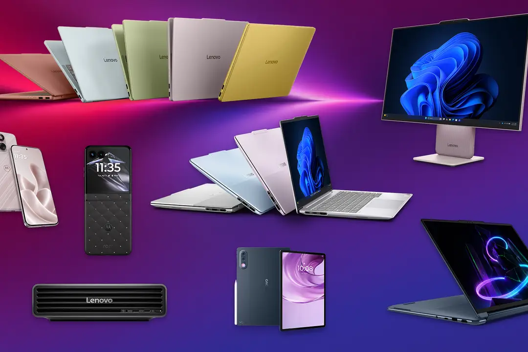 Photograph shows a range of Lenovo devices