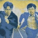 Photograph is an AI-generated illustration of Moonshot AI founder Yang Zhilin and DeepSeek founder Liang Wenfeng running a race