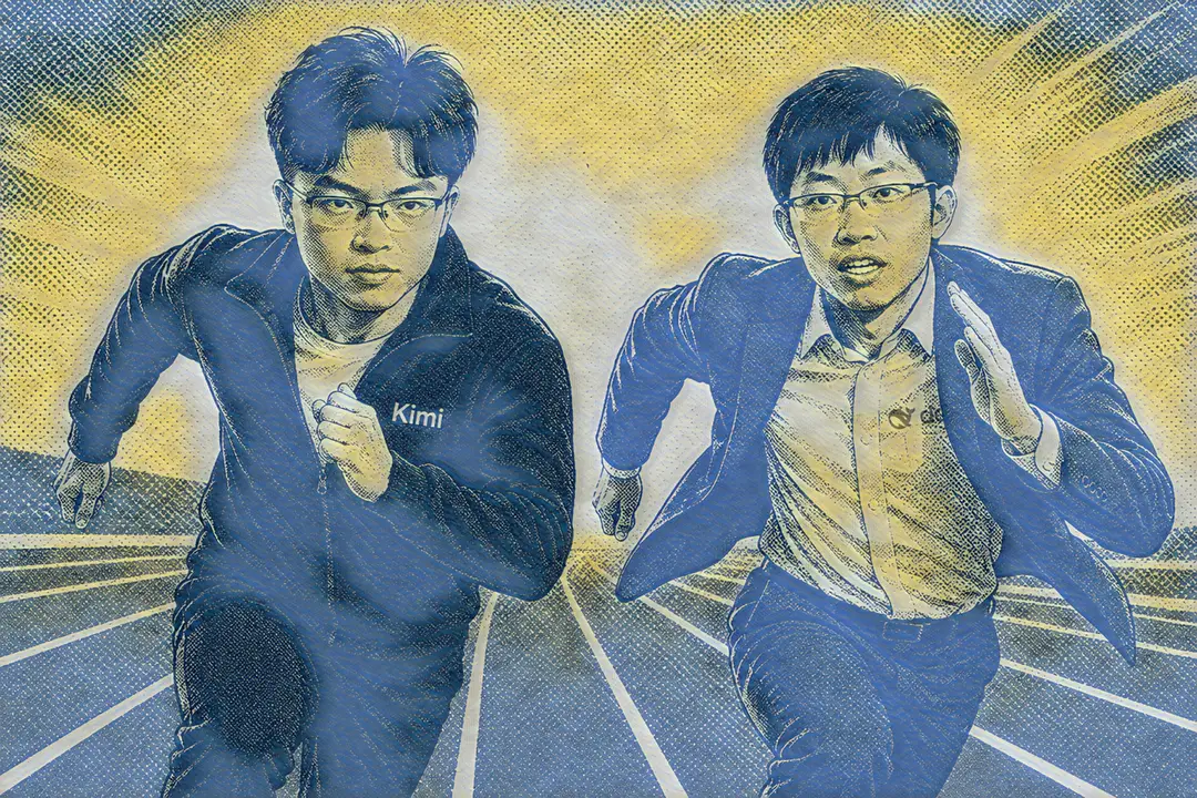 Photograph is an AI-generated illustration of Moonshot AI founder Yang Zhilin and DeepSeek founder Liang Wenfeng running a race
