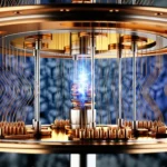 Photograph shows an illustration of a quantum computer