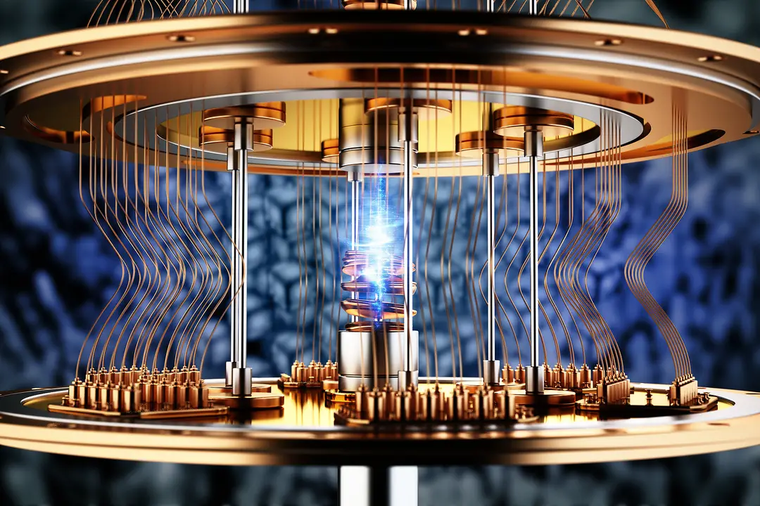 Photograph shows an illustration of a quantum computer